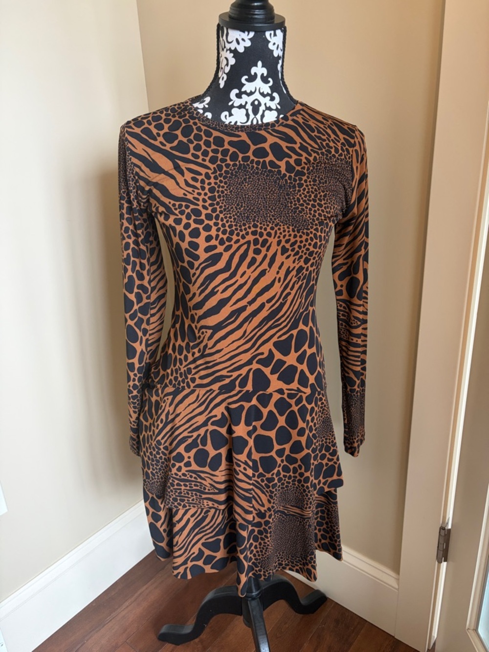 MICHAEL Michael Kors Brown and Black Animal-Print Long Sleeve Dress